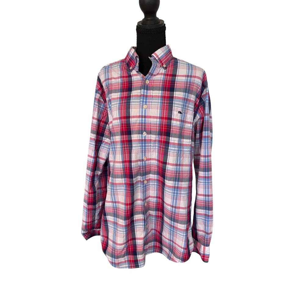 Vineyard Vines Slim Fit Tucker Shirt Mens M Red Blue Plaid Cotton Button Down